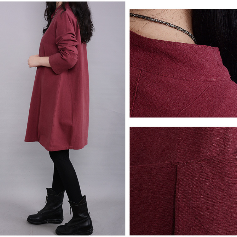 秋季韓版休閒立領寬鬆顯瘦長袖連身裙 大尺碼洋裝