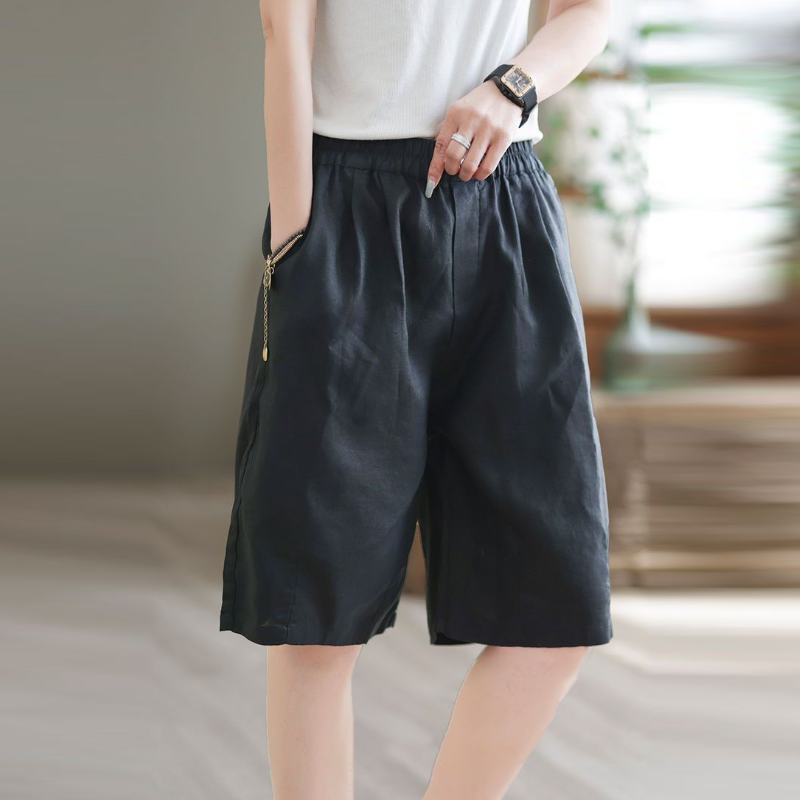復古文藝中大尺寸棉麻高腰休閒寬鬆五分短褲