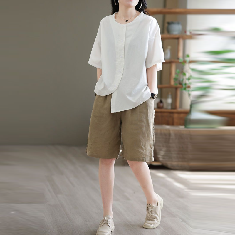 復古文藝中大尺寸棉麻高腰休閒寬鬆五分短褲