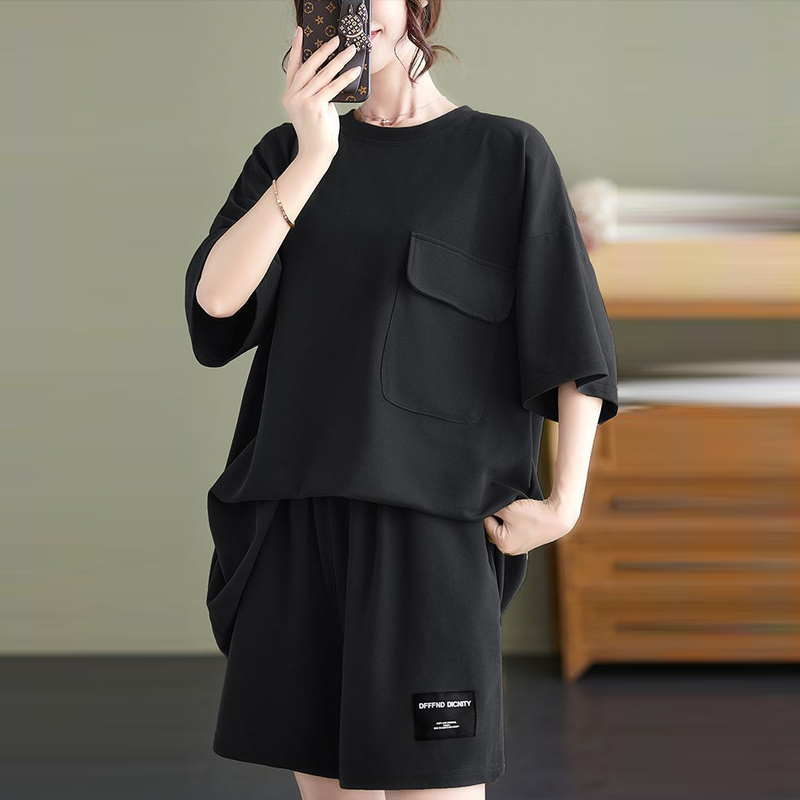 大尺碼素色短袖短褲兩件套 寬鬆顯瘦休閒家居套裝