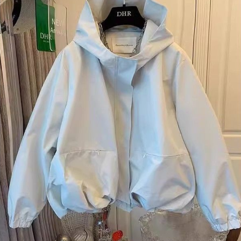 連帽寬鬆短版外套 春秋夾克 立體下擺（微澎） 大口袋 開襟擋風片 百搭顯瘦