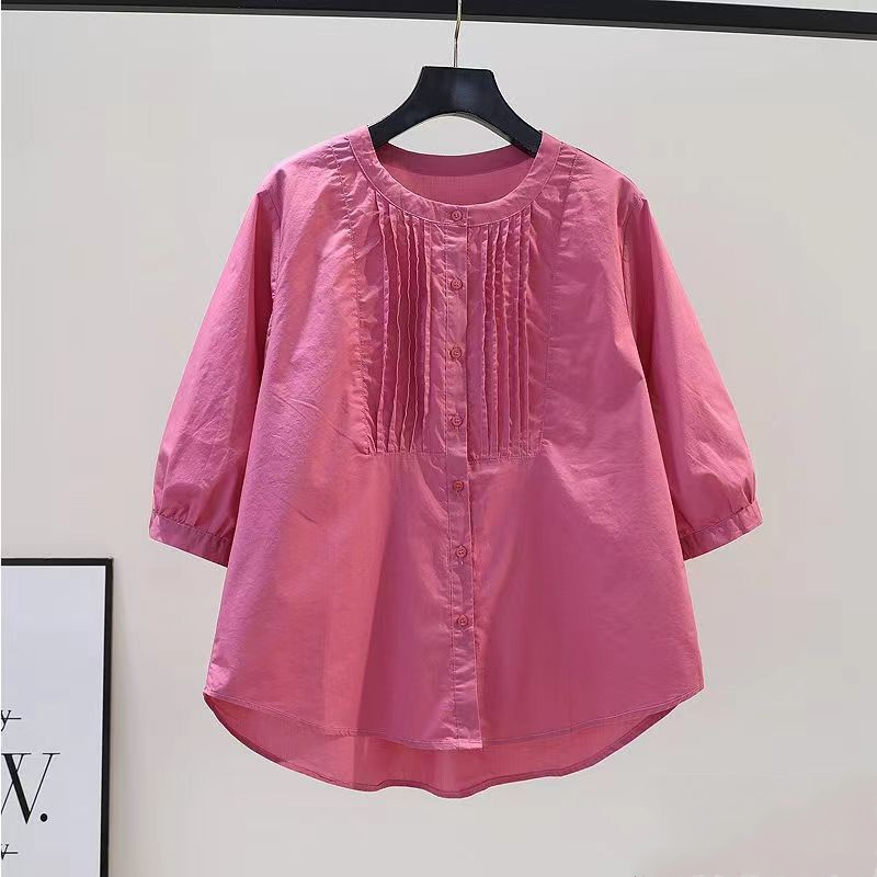 韓設計感褶皺圓領七分袖白色襯衫百搭上衣