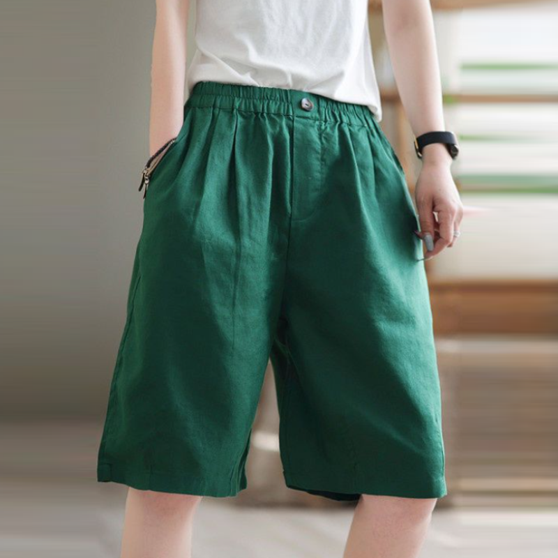 復古文藝中大尺寸棉麻高腰休閒寬鬆五分短褲