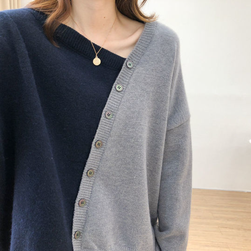 韓版不規則針織上衣 寬鬆顯瘦慵懶風撞色長袖