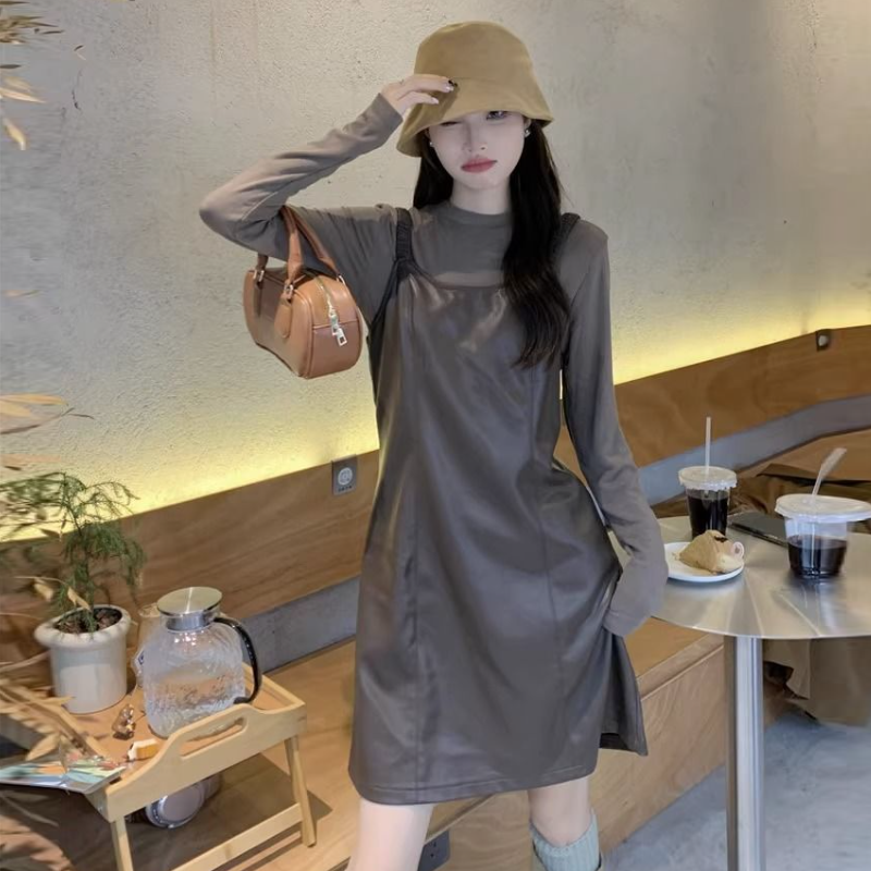 【整套】韓版秋季氣質皮質細肩短洋+高級感顯瘦薄上衣套裝*2色