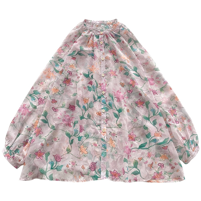 嘖嘖長袖罩衫 寬鬆碎花燈籠袖 薄紗防曬長袖