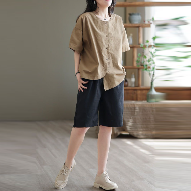 復古文藝中大尺寸棉麻高腰休閒寬鬆五分短褲