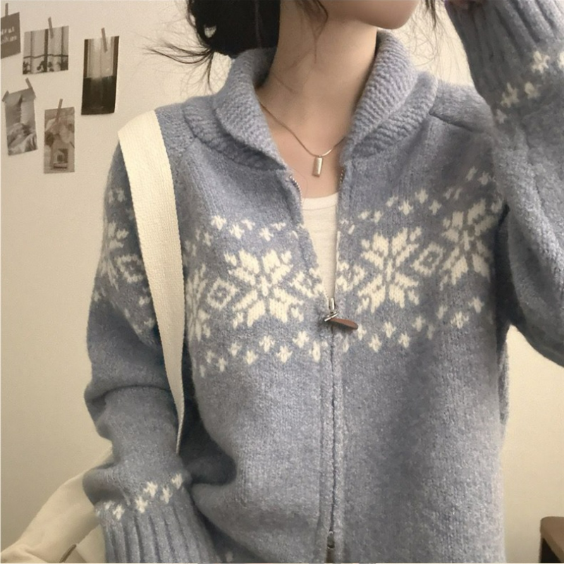 復古甜美提花寬鬆百搭雙頭拉鍊針織開衫-Cicimode