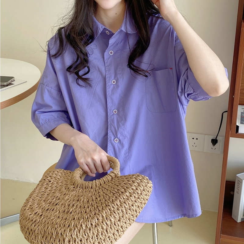 襯衫 時尚 夏季 薄款 娃娃領 A字 斗篷 純色 中袖 上衣