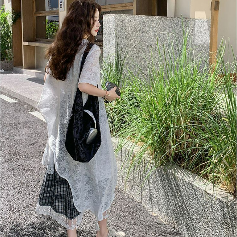 【單件/套裝】高級設計感蕾絲衫+黑白格半身裙兩件套