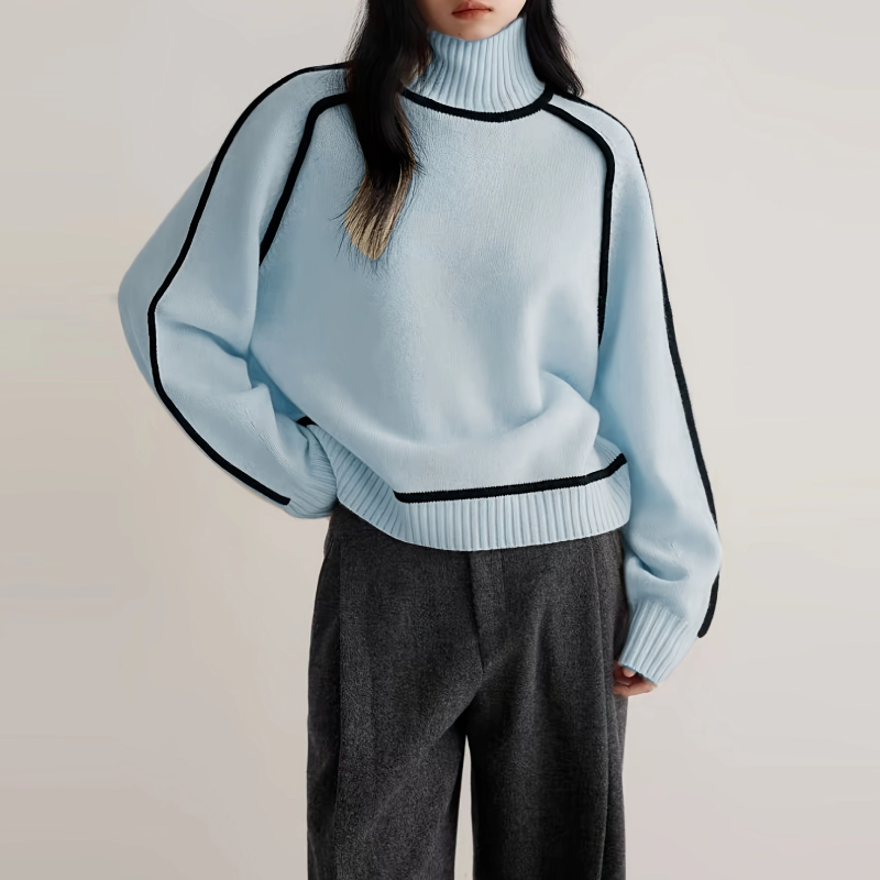 高領插肩針織毛衣 法式感燈籠袖 滾邊設計 寬鬆版型