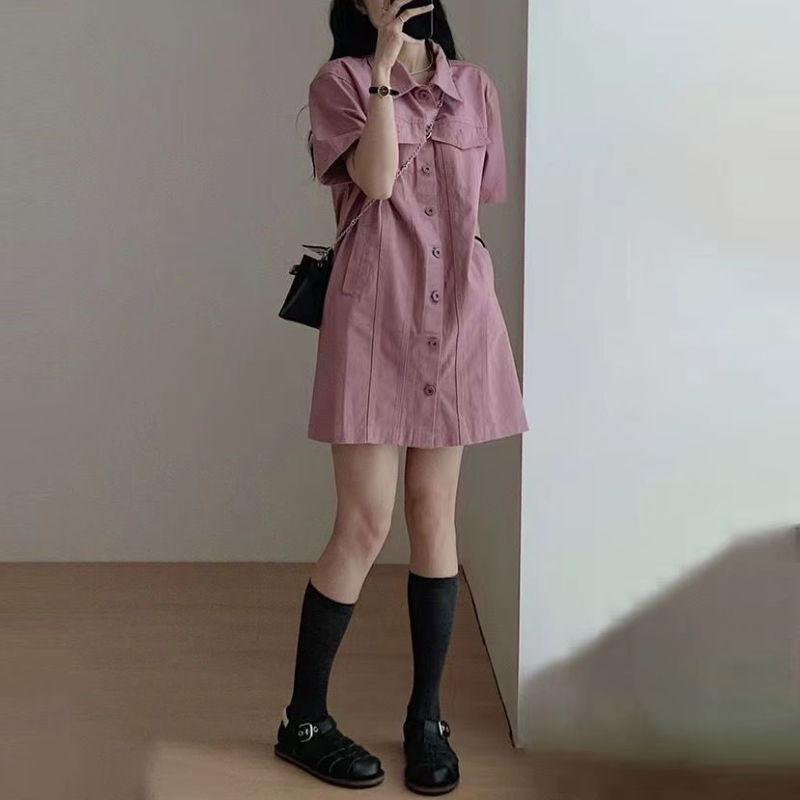 韓系·時尚休閒單排扣polo領工裝裙短洋裝