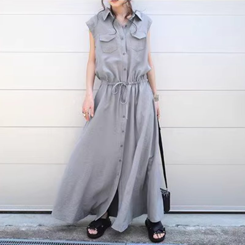 日系翻領無袖連身裙-口袋設計 輕鬆顯瘦中長款