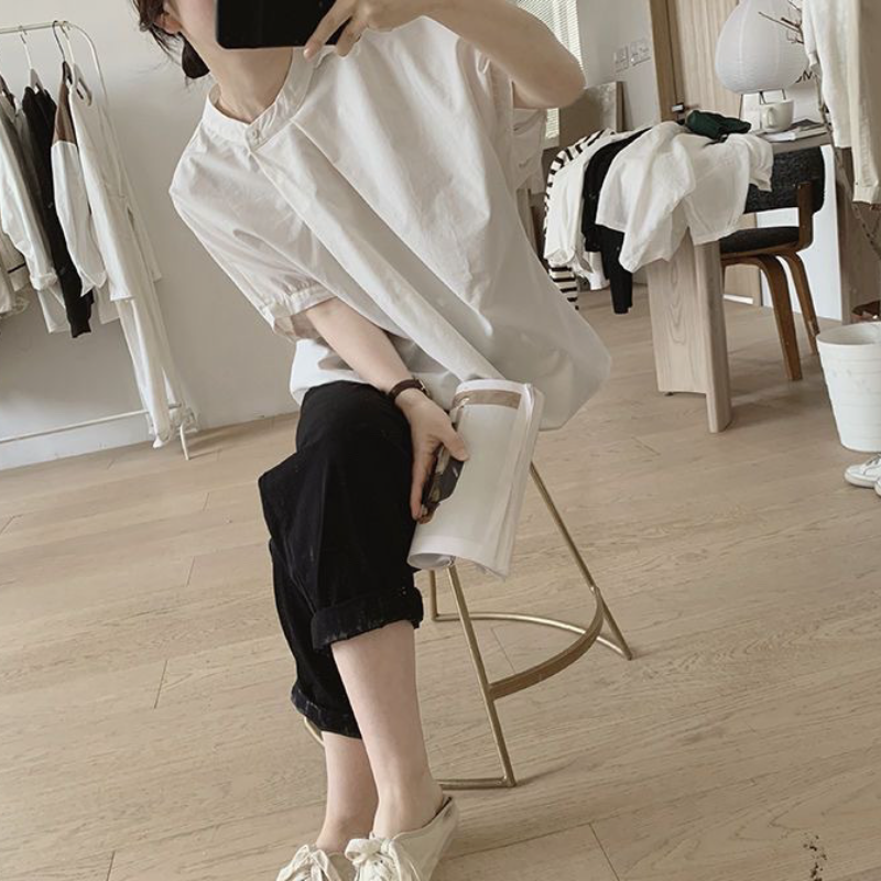 韓系chic 立領 壓褶 不規則 素面 簡約 襯衫
