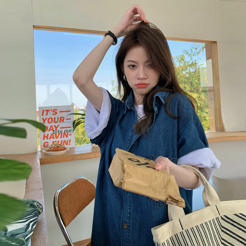 復古牛仔襯衫洋裝 中長版 翻領口袋 寬鬆顯瘦 清爽極簡