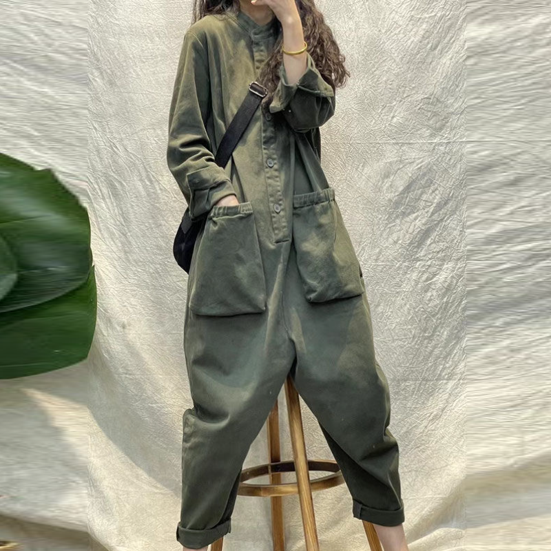 韓系大口袋胸前扣工裝褲-時尚百搭連身褲長褲 個性休閒必備