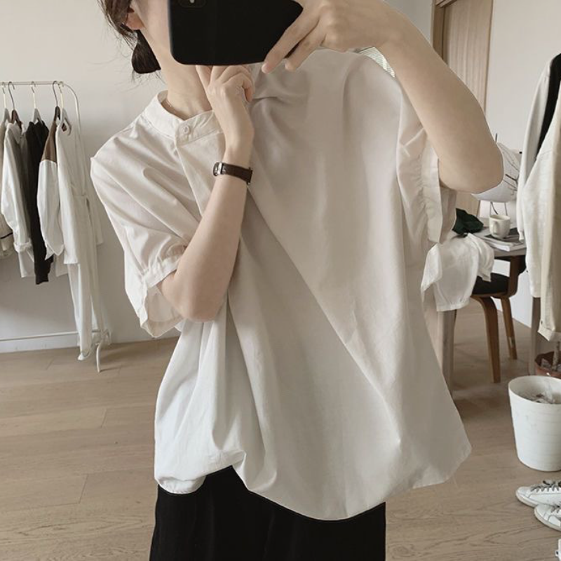 韓系chic 立領 壓褶 不規則 素面 簡約 襯衫
