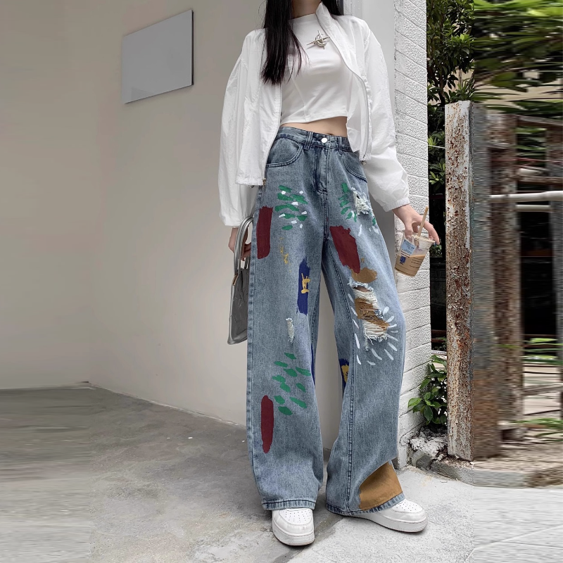 韓系 ‧ 彩色塗鴉牛仔長褲(中性風格男女可穿) 寬鬆破洞牛仔褲 高腰設計直筒寬褲