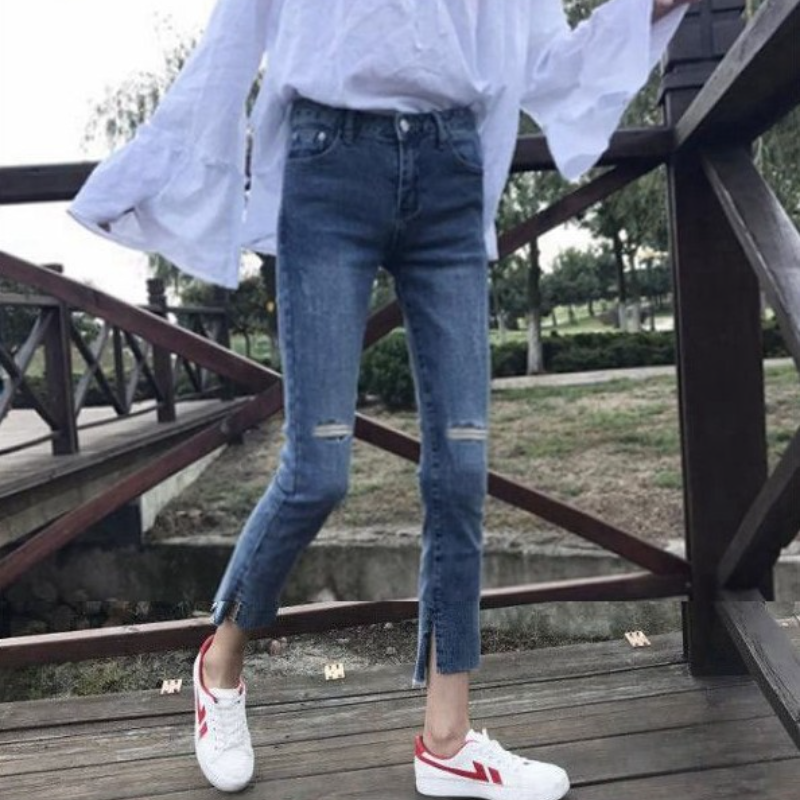 韓版東大門自訂大尺碼女裝 顯瘦褲子高腰彈力破洞牛仔褲女九分褲潮