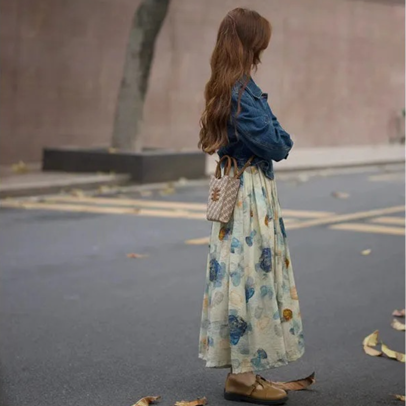 【單品可選】韓系溫柔穿搭 丹寧牛仔外套+復古印花背心洋裝兩件套組