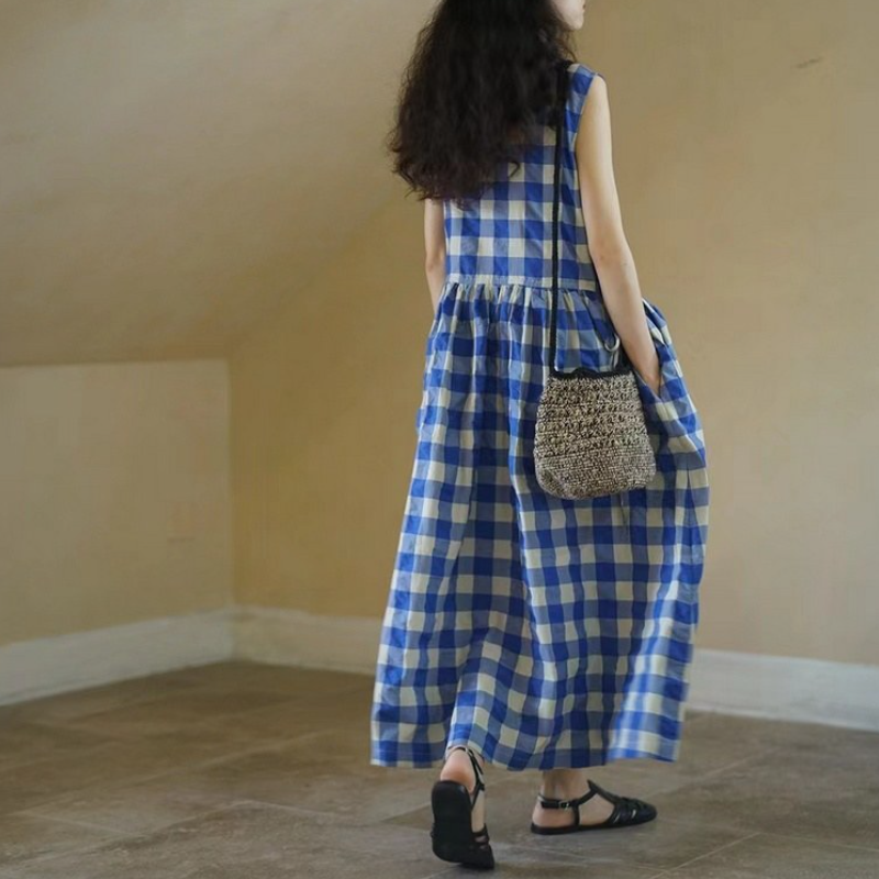 簡約．藍色格子無袖連身裙