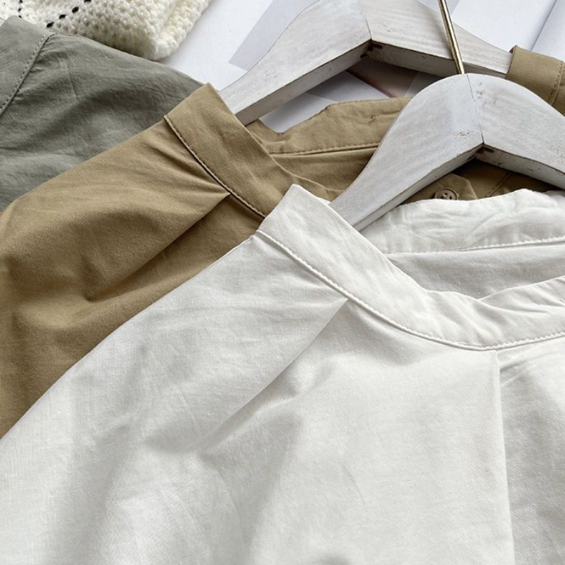 韓系chic 立領 壓褶 不規則 素面 簡約 襯衫