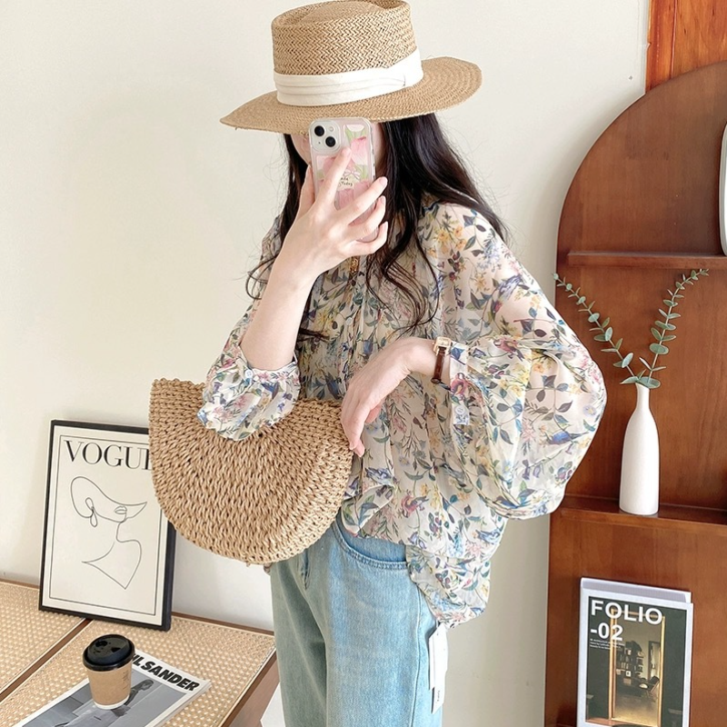 嘖嘖長袖罩衫 寬鬆碎花燈籠袖 薄紗防曬長袖