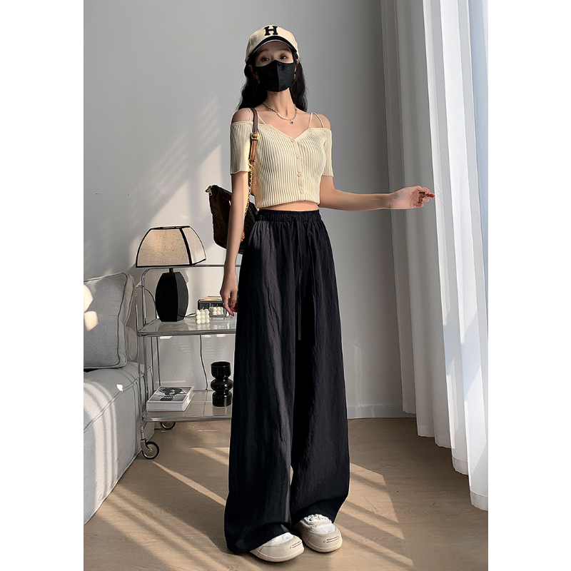 冰絲皺寬褲薄款高腰垂感日系慵懶直筒褲肌理感褶皺休閒褲女