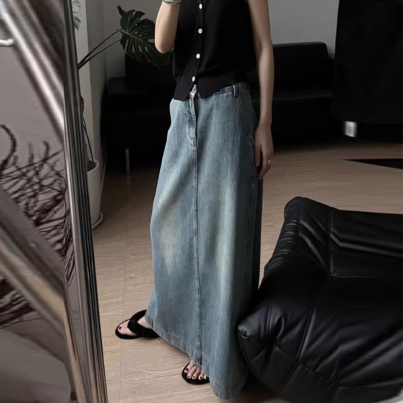 韓系 ‧ 復古開衩A字牛仔裙復古藍牛仔 顯瘦包臀高腰開叉長裙