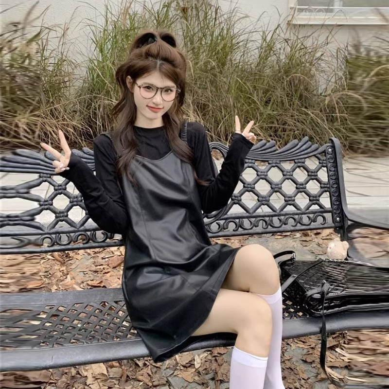 【整套】韓版秋季氣質皮質細肩短洋+高級感顯瘦薄上衣套裝*2色