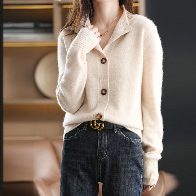 復古素色春秋針織立領開襟短版外套 寬鬆百搭款