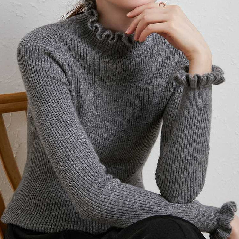 木耳花邊領長袖針織毛衣女 超顯瘦百搭款 保暖半高領毛衣