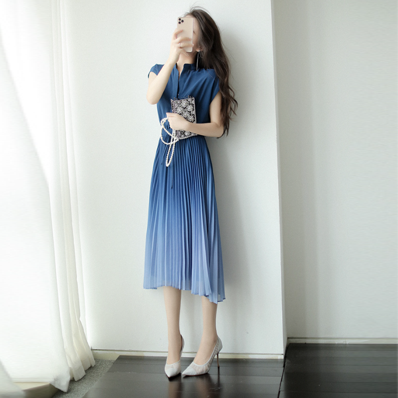 仙氣百褶連身裙洋裝 漸變色立領收腰設計感 百褶雪紡連身裙