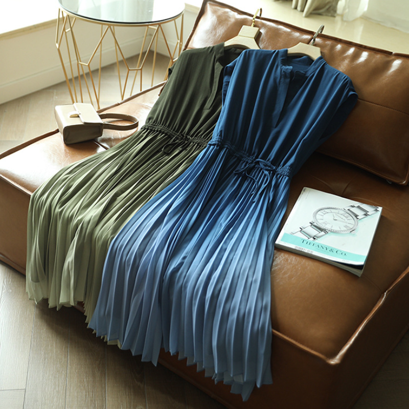 仙氣百褶連身裙洋裝 漸變色立領收腰設計感 百褶雪紡連身裙