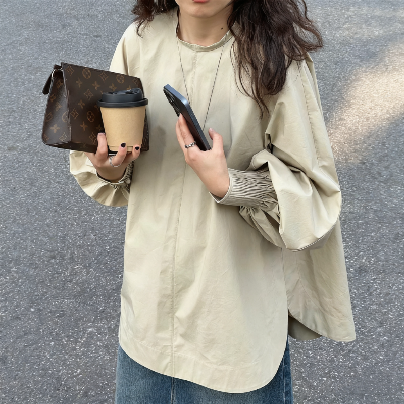 法式燈籠袖上衣 秋季新款 韓系寬鬆 插肩袖 套頭中長版 彈性縮口