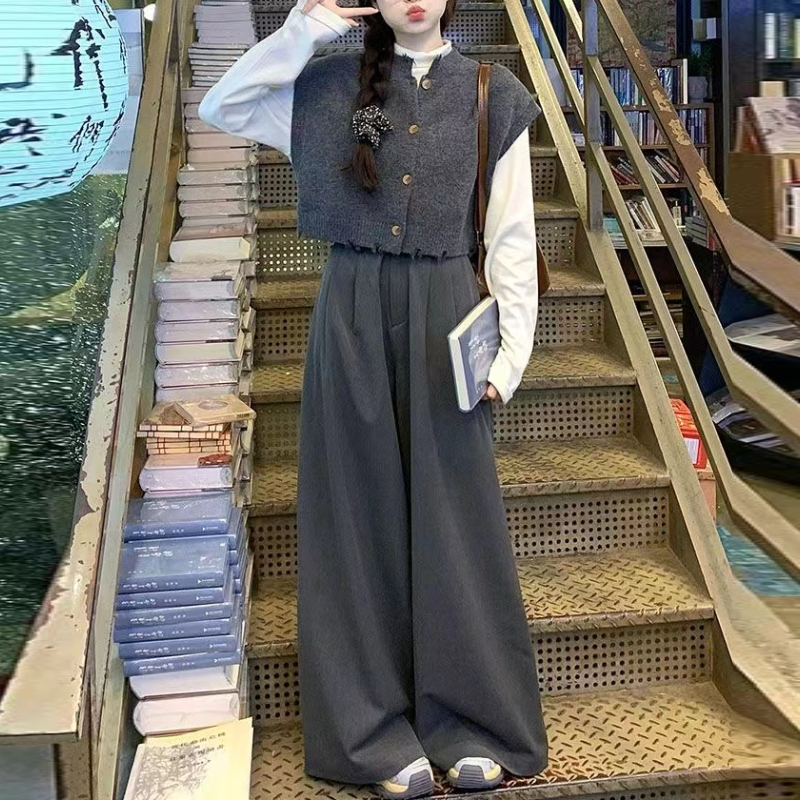 【單品可選】韓系復古風寬鬆短版針織背心毛衣+長袖上衣+超顯瘦寬褲三件套