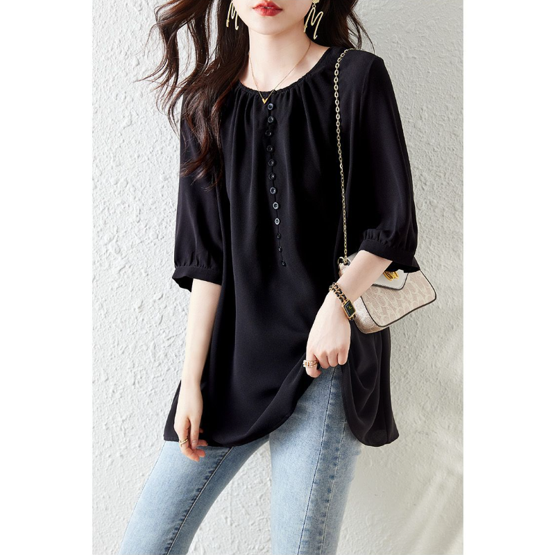 韓版圓領雪紡中長款七分袖 上衣寬鬆休閒減齡T