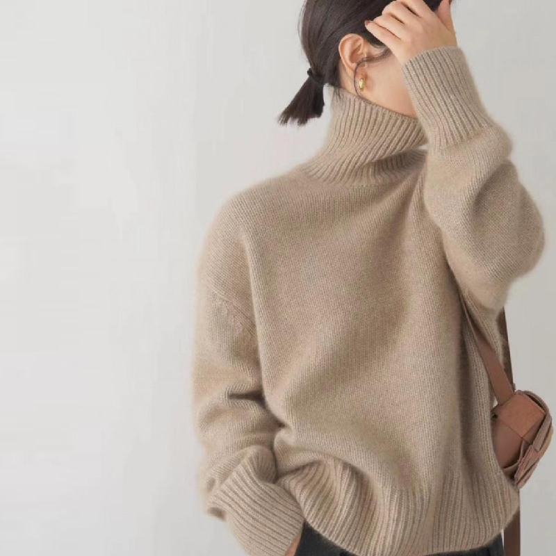 秋冬加厚素色羊毛針織上衣 高領寬鬆慵懶羊毛毛衣
