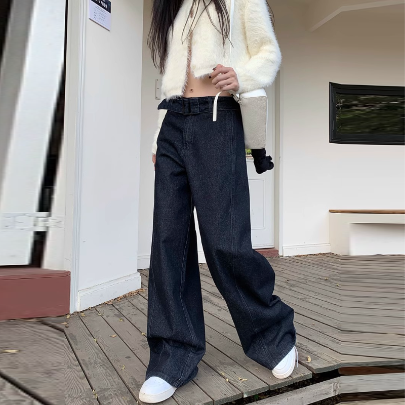 韓系 ‧ 復古腰帶設計感寬腿牛仔褲