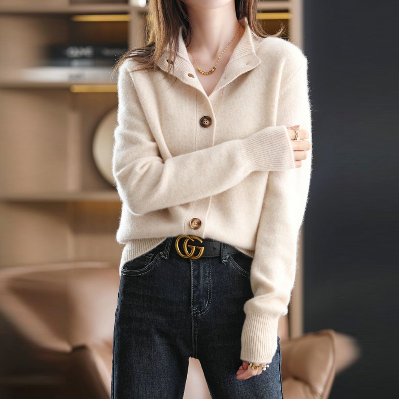 復古素色春秋針織立領開襟短版外套 寬鬆百搭款