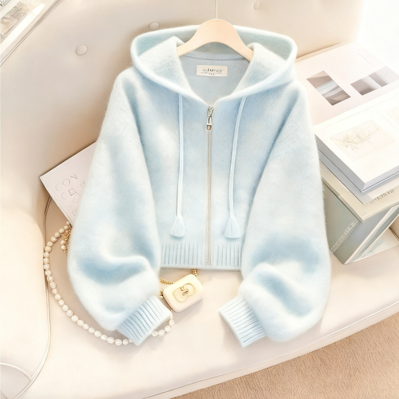 多巴胺慵懶風高級感連帽針織毛衣開衫-Cicimode