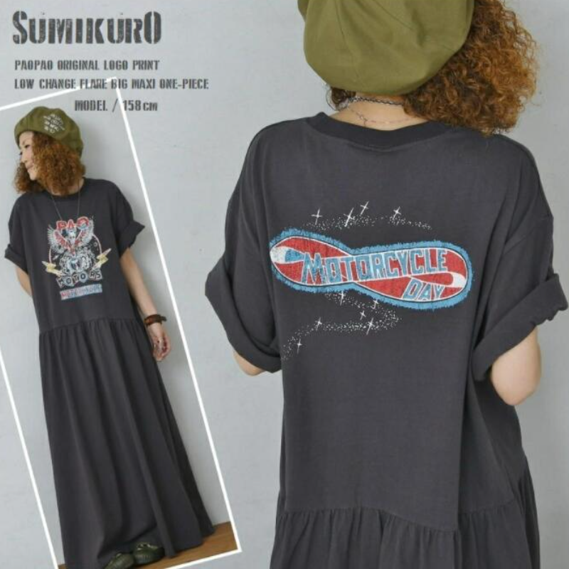 簡約．長版日式前後印花連身裙 短袖長裙