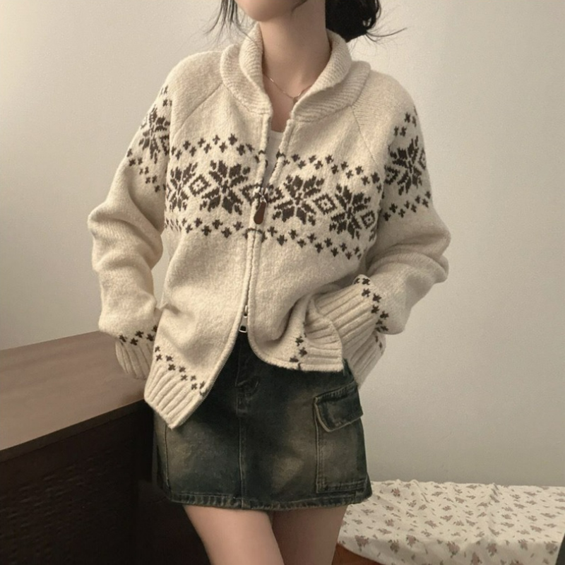 復古甜美提花寬鬆百搭雙頭拉鍊針織開衫-Cicimode