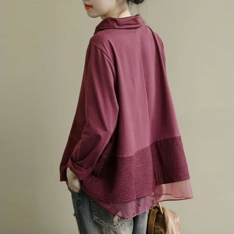 簡約．拼接蕾絲長袖上衣 寬鬆套頭襯衫