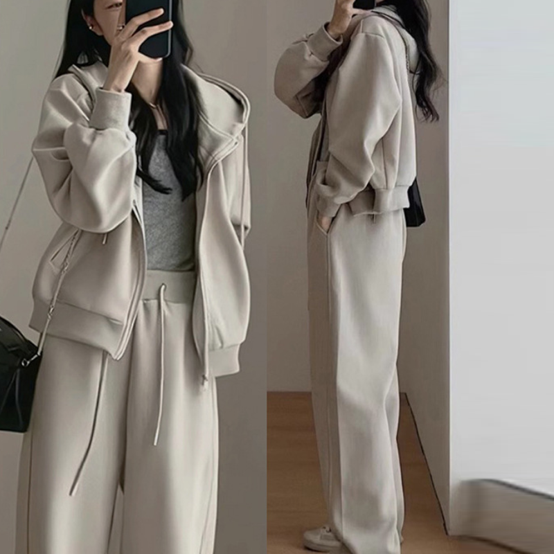 韓系·運動休閒套裝-連帽外套 鬆緊腰寬褲兩件組 簡約高級感穿搭