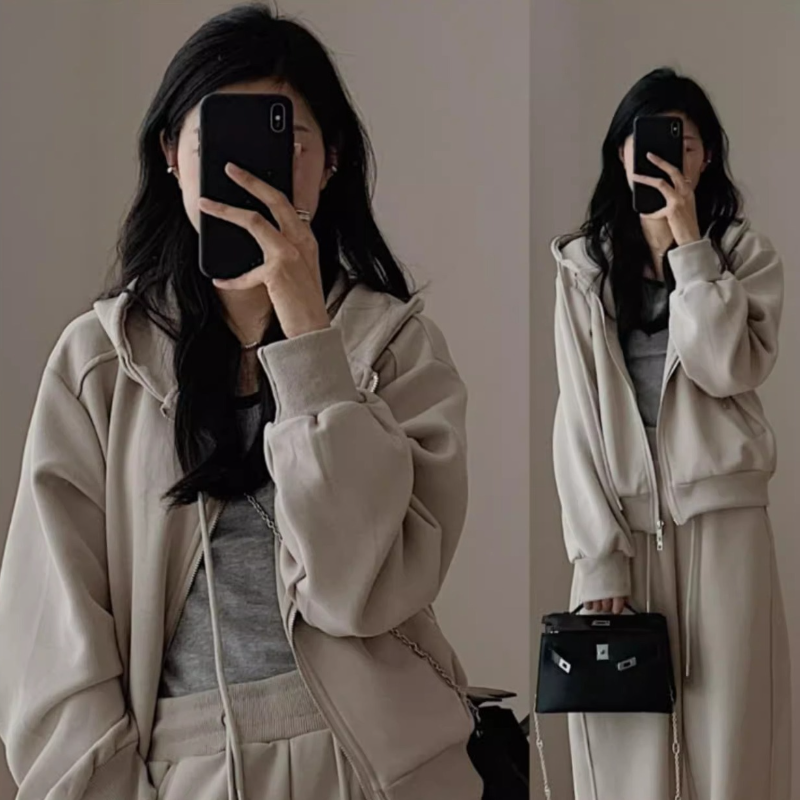 韓系·運動休閒套裝-連帽外套 鬆緊腰寬褲兩件組 簡約高級感穿搭