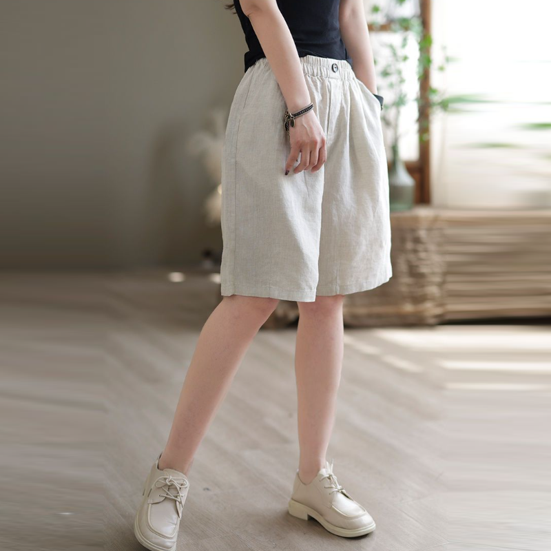 復古文藝中大尺寸棉麻高腰休閒寬鬆五分短褲