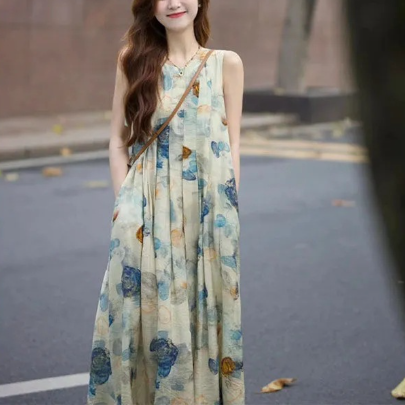 【單品可選】韓系溫柔穿搭 丹寧牛仔外套+復古印花背心洋裝兩件套組