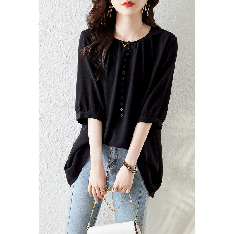 韓版圓領雪紡中長款七分袖 上衣寬鬆休閒減齡T