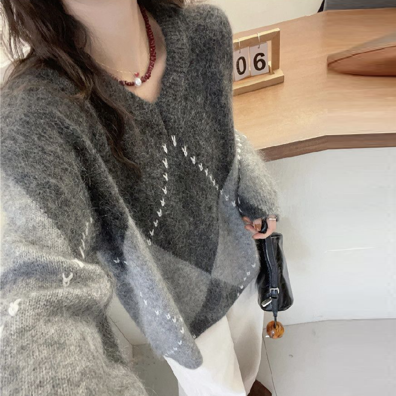 慵懶復古菱格針織毛衣 秋冬紅色系寬鬆休閒針織衫上衣